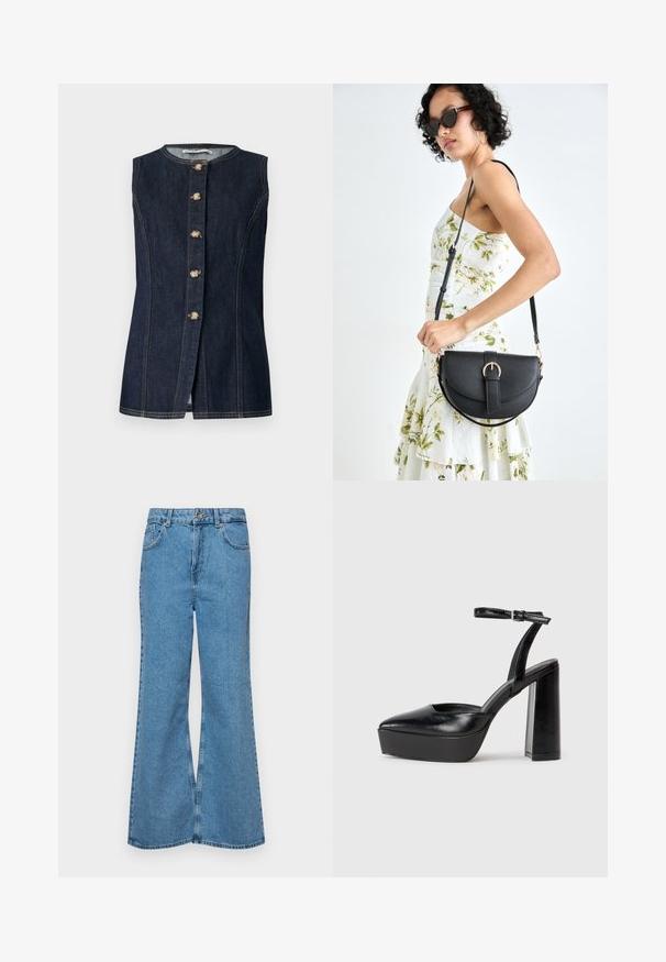 Mouwloos denimvest in donkerblauw, met een ronde halslijn, sluiting met knopen aan de voorkant en knopen in goudkleur met stiksels.; Lichtblauwe flared jeans van denim, met een hoge taille, vijf zakken en een enkele knoopsluiting. Zachte textuur met een vervaagde afwerking.; Zwarte plateauhakken met een puntige neus en verstelbare enkelband. Gemaakt van soepel leer, met een robuuste blokhak.; Zwarte leren handtas met een gebogen vorm, afneembare schouderband en gouden hardware. De tas heeft een klep met een gespsluiting.