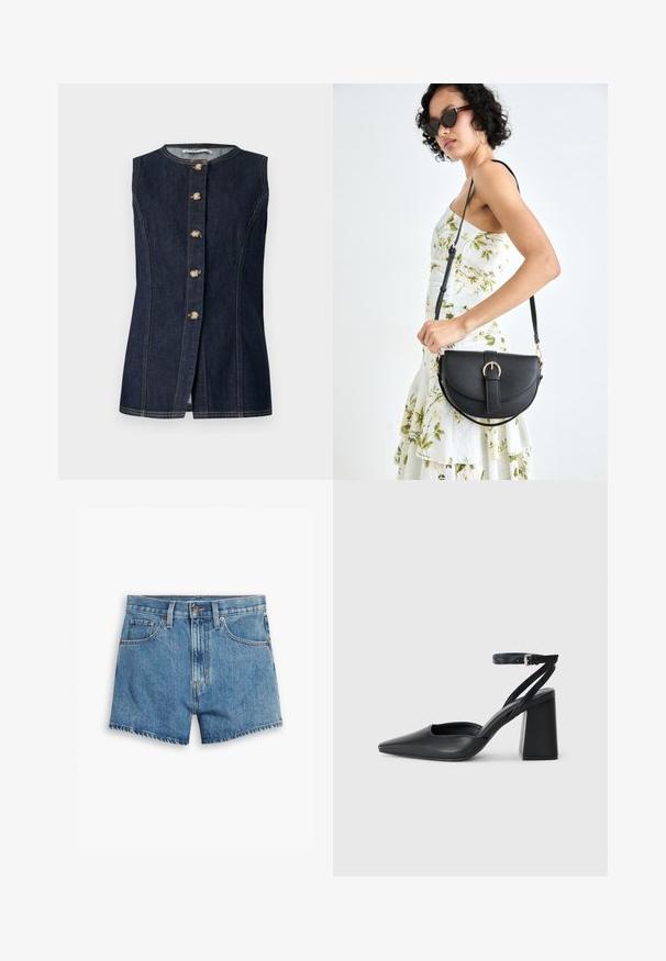 Löysä denimpusakka tummansinisellä värillä, jossa on pyöreä pääntie, edessä napitus ja kultasävyiset napit, joissa on päällitikkaukset.; Vaaleansiniset farkkushortsit, joissa on viisi taskua, vetoketjukiinnitys ja nappisulku. Helmassa on revitty viimeistely ja rento istuvuus.; Mustat nahkakengät, joissa on kapea kärki, nilkkaremmi ja paksu korko. Tasainen pinta, tyylikäs muotoilu ja minimalistinen estetiikka.; Musta nahkainen käsilaukku, joka on kaareva muotoilultaan, irrotettavalla hihnalla ja kultaisilla yksityiskohdilla. Laukussa on läppä, jossa on solk yksityiskohta.