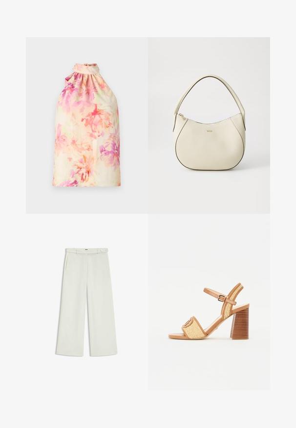 Blomsterprint halterneck-top i bløde pastelfarver med rynket halsudskæring og flydende stof. Let tekstur med en afslappet silhuet.; Bredde bukser i lys cremefarvet stof, med sidelommer, flad front og en enkelt knaplukning i taljen. Glat tekstur.; Brune læder og vævede halmstrop hæle sandaler, med ankelrem, åbent tåparti og en chunky træagtig hæl med vandrette striber.; Cremefarvet håndtaske med tekstureret finish, buet form, kort håndtag og guldfarvet logo-detalje. Lynlås lukning øverst.