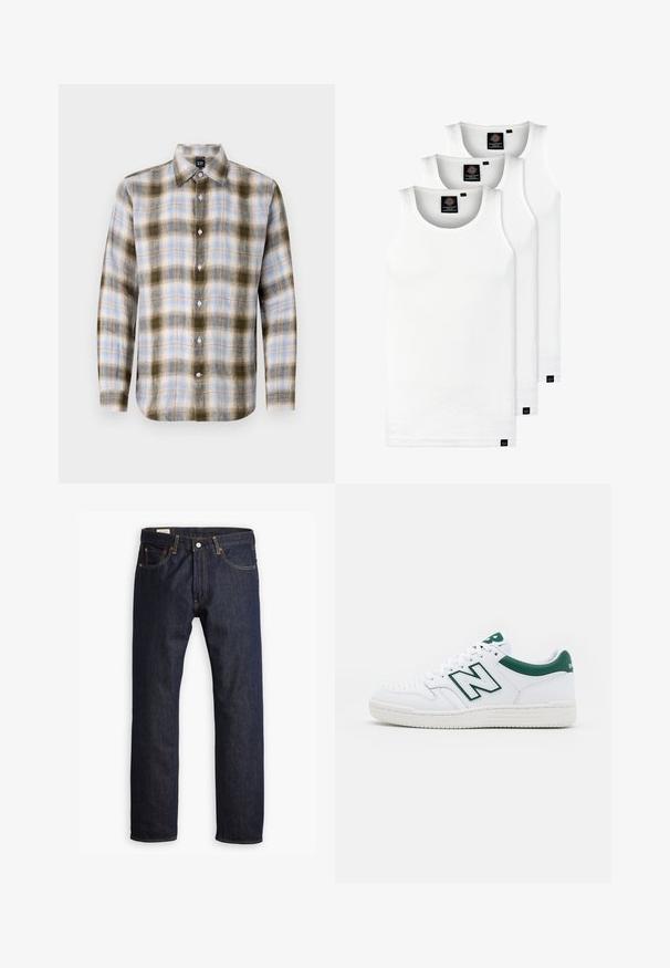 Ruudullinen vihreä, sininen ja kerma pitkähihaisa paita, jossa on klassinen kaulus ja erottuvat ruutukuviot, valkoiset napit.; Kolme valkoista ribbitekstiilistä toppia, jotka on valmistettu puuvillasta. Ominaisuuksiin kuuluu pyöreä pääntie ja pieni musta etiketti helman lähellä. Saatavilla useissa kooissa.; Tummansininen farkkuhousu, jossa on suora lahje, oranssit tikkaus ja viisi taskua, sekä metallinappikiinnitys.; Valkoiset tennarit vihreillä yksityiskohdilla, nahkainen päällinen, rei'itetty varvasosa, nauhakiinnitys ja rakenteellinen kumipohja. Varustettu näkyvällä "N"-logolla.