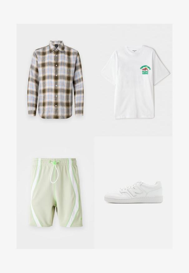 Žalias, mėlynas ir kreminis langeliuotas marškinėliai su klasikiniu apykakle ir ilgomis rankovėmis, pasižymintys kontrastingais langelių raštais ir baltais mygtukais.; Balta medvilninė marškinėlių su trumpomis rankovėmis, kuriuose kairėje krūtinės pusėje yra žaliai raudonas grafikos tekstas "cashart Who Pronto Subito."; Šviesiai žali sportiniai šortai su baltais tinkliniais šonų intarpais ir žaliais akcentais. Yra elastingas liemuo ir raištelių uždarymas.; Balti sportbačiai, pagaminti iš lygaus odos, su perforuota nosimi, tekstūruotu guminiais padais, plokščiomis raištelėmis ir ryškiu 'N' logotipu šone.