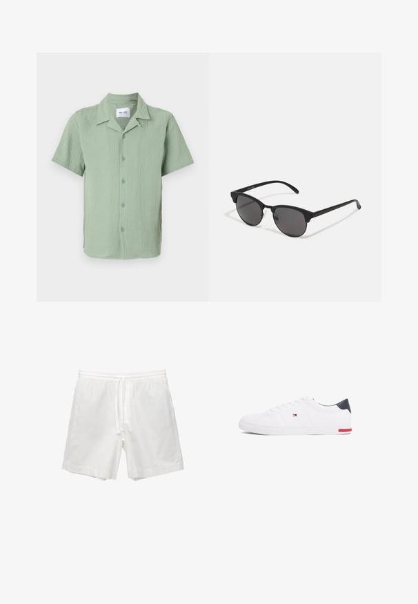 Kurzarmhemd in hellgrün, aus strukturiertem Stoff. Verfügt über einen klassischen Kragen, Frontknöpfe und eine lockere Passform mit abgerundetem Saum.; Weiße Baumwollshorts mit elastischem Bund und Kordelzug, Seitentaschen und geradem Schnitt mit sauberen Säumen.; Weißes Low-Top-Sneaker aus glattem Leder. Mit einem marineblauen Fersenstück und einem roten Akzent an der Sohle. Sechs Ösen für die Schnürsenkel.; Schwarze Sonnenbrille mit runden Gläsern, matter Oberfläche und markanter Cat-Eye-Form. Schlanke Bügel mit dezenter Markenkennzeichnung am linken Schläfenstück.