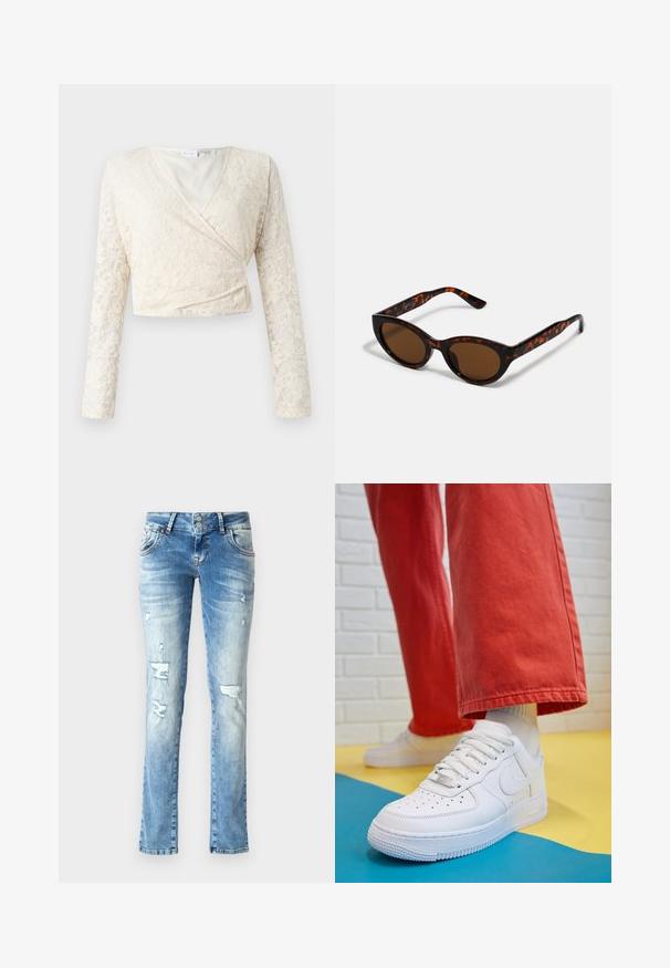 Cremfarbene Spitzen-Wrap-Bluse mit langen Ärmeln, V-Ausschnitt und floralem Muster. Sanfte Innenfutter, die kurz geschnittene Form hebt die Spitzenstruktur hervor.; Helle blaue Jeans aus Denim mit entspannter Passform, featuring distressed Details, einem Knopfverschluss mit zwei Knöpfen und geraden Beinen.; Weiße Leder-Sneaker mit perforiertem Zehenbereich, strukturiertem Sohlen und weißen Schnürsenkeln, kombiniert mit weiten roten Hosen und einem blauen und gelben Hintergrund.; Braune Schildpatt-Sonnenbrille mit einer Vintage-Cat-Eye-Form und braunen Gläsern. Verfügt über gebogene Bügel mit roten Akzenten.
