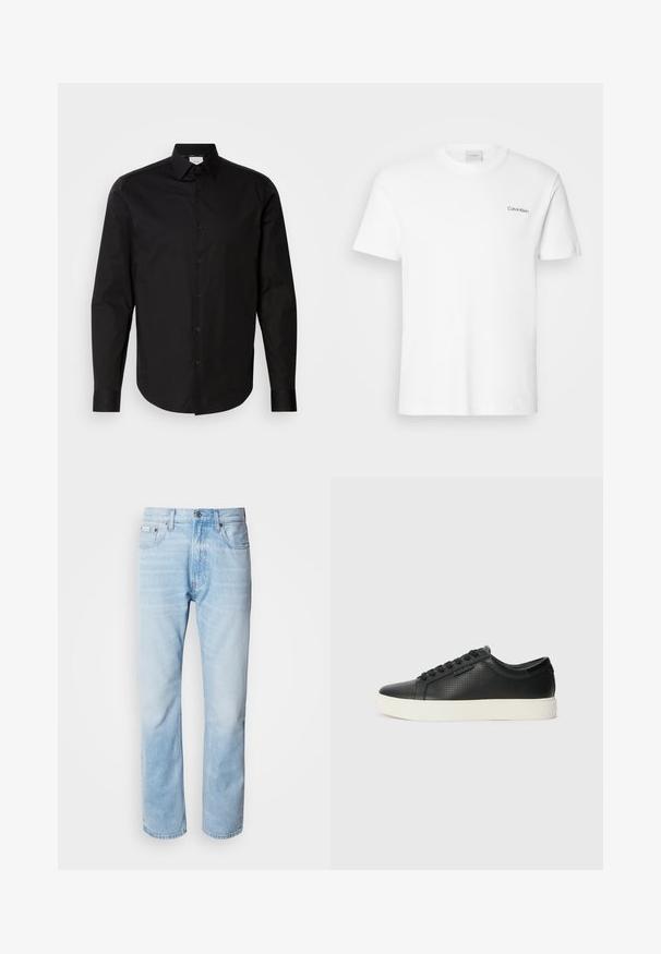 Svart långärmad skjorta med knappar gjord av mjuk bomullstyg. Har en klassisk krage, framknappar och en rundad fåll.; Vit bomull T-shirt med korta ärmar och rundad halsringning. Har en liten svart "Calvin Klein"-logotyp på vänster bröst.; Ljusblå denimjeans med rak benprofil, som har blekta sektioner, femficksdesign och en klassisk knäppning.; Svarta lädersneakers med perforerad textur, rund tå och platt vit gummisula. Har svarta snören och en diskret logotyp på sidan.