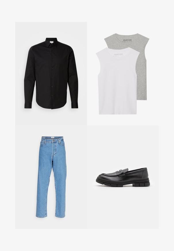 Crna dugorukava košulja na dugme izrađena od glatkog pamučnog materijala. Sadrži klasični ovratnik, prednje dugmad i zaobljen rub.; Dva bezrukava majice: jedna bijela i jedna svijetlosiva. Obje imaju glatki, pripijeni dizajn s okruglim izrezom. Oznaka glasi "YOURTURN."; Svijetloplave traperice s visokim strukom i ravnim nogavicama, s prednjim gumbom, zatvaranjem na zatvarač, petljama za remen i dizajnom s pet džepova na bijeloj pozadini.; Crni kožni loafers s glatkom završnom obradom, s detaljem prednjeg remena i debelim gumenim potplatom s urezanim akcentima.