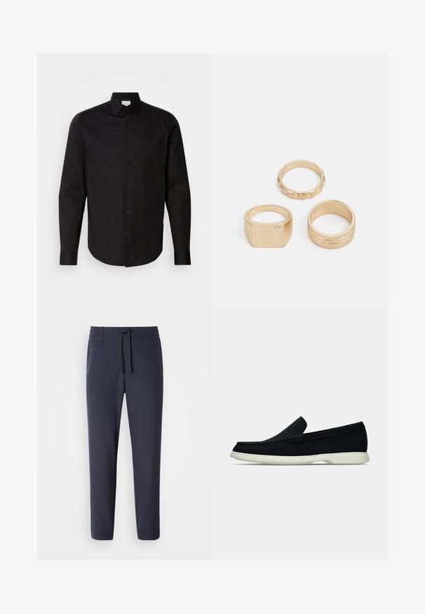 Svart langermet skjorte med knapper laget av glatt bomullsstoff. Har klassisk krage, frontknapper og buet kant.; Marine joggebukser med elastisk midje og snøring. Laget av glatt materiale, med smalende ben og ingen synlige lommer.; Svart slip-on sko med rund tå, med en teksturert overdel, glatt hvit såle, og en subtil merkevaredetalj på siden.; Tre gullringer: en firkantet ring med en liten stein, en teksturert ring med ribber, og en glatt, polert ring med to spor.