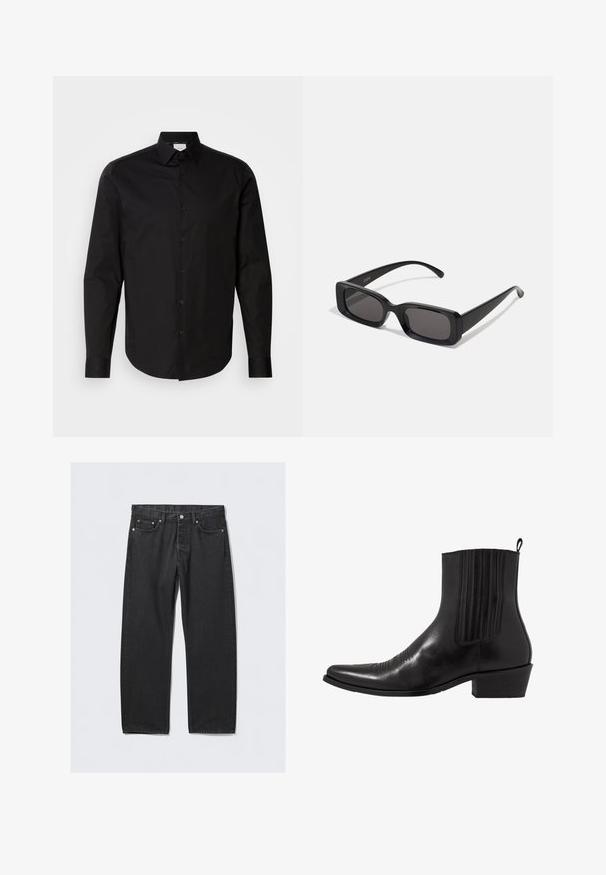 Svart långärmad skjorta med knappar gjord av mjuk bomullstyg. Har en klassisk krage, framknappar och en rundad fåll.; Svarta jeans i denim med rak benpassform, med knappgylf, fem fickor och kopparfärgade detaljer. Slät textur.; Svart läderankelboot med spetsig tå, elastiska sidopaneler, vertikala sömnadsdetaljer och en låg blockklack.; Svarta rektangulära solglasögon med mörka linser, glänsande yta, breda skalmar och en gedigen ramdesign. Graverat märke på ena skalmen.