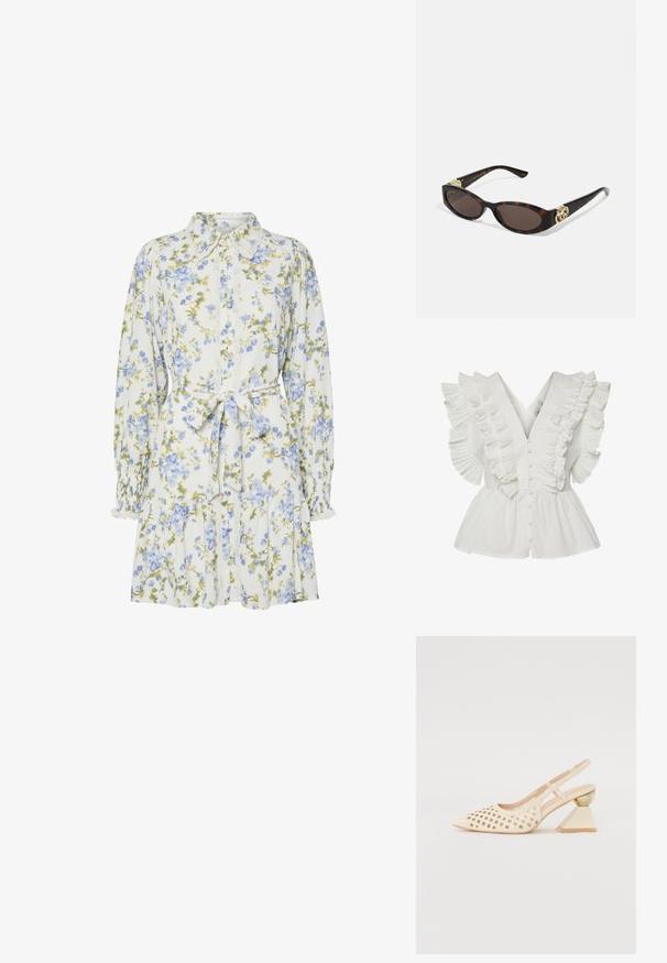 Hvid bluse med V-udskæring, flæseærmer med plisseringer og knaplukning foran. Den flagrende kant tilføjer volumen og kontrast.; Blomsterkjole i hvid med blå og grønne blomster, med krave, knaplukning foran, lange ærmer med elastiske manchetter og et bånd i taljen.; Beige slingback sko med perforeret overdel, spids tå og en kontrasterende trekantet hæl med en guldfarvet detalje. Glat tekstur generelt.; Skildpaddemønster solbriller med aflange ovale linser, brun farve, guldlogo accenter på stængerne og slanke sorte arme.; Beige mønsteret taske med en buet form, læderdetaljer og et guldtonet logo på fronten. Har et kort håndtag for nem bæring.; Perle- og krystalhalskæde med et rundt, perlekantet design i lyse nuancer, der præsenterer skiftevis perler og glitrende detaljer, båret om halsen.