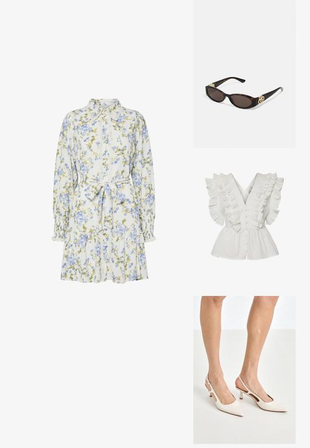 Blusa blanca con escote en V, mangas rizadas con pliegues y cierre de botones en la parte delantera. El dobladillo acampanado añade volumen y contraste.; Vestido floral en blanco con flores azules y verdes, con cuello, cierre frontal de botones, mangas largas con puños elásticos y cinturón a la cintura.; Tacones slingback de charol beige con punta afilada y un tacón de 5 cm, con lados recortados y una delgada correa en el tobillo.; Gafas de sol carey con lentes ovalados alargados, tintado marrón, acentos de logo dorado en las patillas y brazos negros elegantes.; Bolso de mano beige con un patrón y forma curva, acentos de cuero y un logo tono dorado en la parte frontal. Cuenta con un asa corta para un fácil transporte.