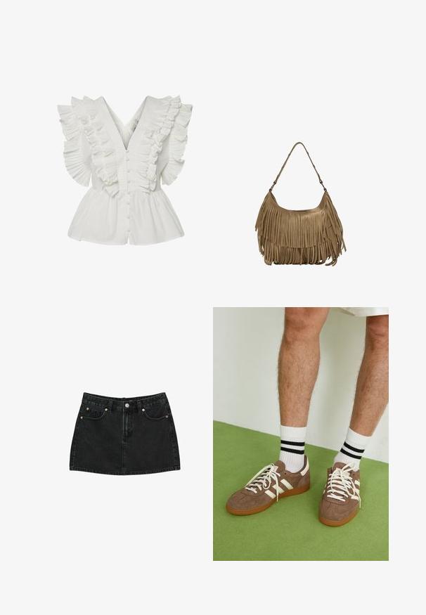 Biela blúzka s výstrihom do V, s volánovými rukávmi a záhybmi, a zapínaním na gombíky. Rozšírený spodný lem pridáva objem a kontrast.; Čierna denim mini sukňa s predným gombíkom, pútkami na opasok a dvoma prednými vreckami s medenými nitmi, rozložená na bielom pozadí.; Hnedé zamatové tenisky s bielymi akcentmi a šnúrkami. Gumová podrážka. Nosené s bielymi ponožkami so čiernymi pruhmi. Zelená textúrovaná podlaha.; Hnedá zamková kabelka s dlhými strapcami, zakriveným tvarom a jedným ramenným popruhom. Má hladký, textúrovaný povrch.