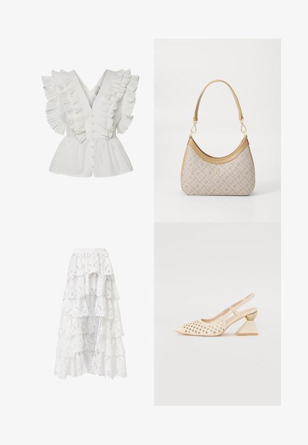 Witte blouse met een V-hals, ruches aan de mouwen met plooien en een knoopsluiting aan de voorkant. De flared zoom voegt volume en contrast toe.; Witte kant rok met een gelaagd ontwerp en gegolfde randen. Het materiaal heeft een bloemenpatroon en textuur, wat een gelaagd uiterlijk creëert.; Beige slingback schoen met geperforeerde bovenkant, puntige neus en een contrasterende driehoekige hak met een gouden accent. Over het algemeen een gladde textuur.; Beige handtas met een patroon en een gebogen vorm, leren accenten en een goudkleurig logo aan de voorkant. Beschikt over een kort handvat voor gemakkelijk dragen.; Lauren Ralph Lauren COLLAR - Ketting - gold-coloured/white