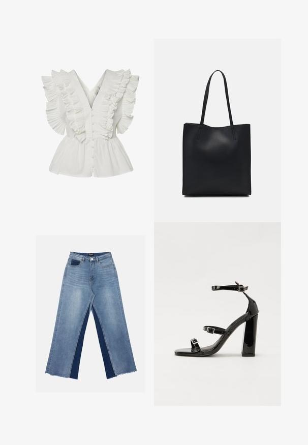 White blouse featuring a V-neck, ruffled sleeves with pleats, and a button-front closure. Flared hem adds volume and contrast.; Light blue wide-leg jeans featuring contrasting dark blue panels, frayed hems, and a standard waist with a metal button closure.; Black patent heeled sandals with a square toe, ankle straps, and silver buckles. Features a chunky block heel for stability.; Black leather tote bag with smooth texture, rectangular shape, and two long handles. No visible hardware or embellishments.