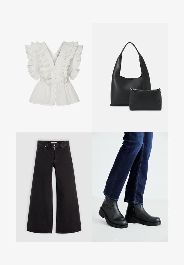 White blouse featuring a V-neck, ruffled sleeves with pleats, and a button-front closure. Flared hem adds volume and contrast.; Wide-leg jeans in black denim with a zippered front, five-pocket design, and subtle stitching details. Smooth texture and casual style.; Black leather ankle boots with a chunky sole and side elastic panels, paired with dark blue jeans. The ground is light-colored.; Even&Odd SET - Handbag - black