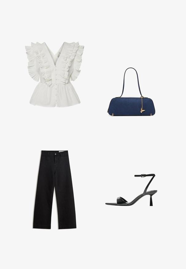 Weiße Bluse mit V-Ausschnitt, gerafften Ärmeln mit Falten und durchgehender Knopfleiste. Der ausgestellte Saum sorgt für Volumen und Kontrast.; Schwarze weit geschnittene Jeans mit hoher Taille, ausgestattet mit Vorder- und Hintertaschen, gesteppten Nähten und einem Knopfverschluss. Glatte Textur.; Bershka High Heel Sandalette - black; ALDO THALELI - Handtasche - navy