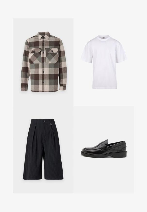 Geruite shirt in bruin, groen en beige tinten. Beschikt over een kraag, twee borstzakken en knoopsluitingen aan de voorkant. Textured stof.; Witte katoenen t-shirt met een ronde hals, korte mouwen en een relaxte pasvorm. Heeft een eenvoudig ontwerp zonder patronen of accenten.; Zwarte pinstripe shorts met plooien, een knoopsluiting en een metalen ringaccent. Glad materiaal met een getailleerde pasvorm en een knie-lange uitstraling.; Zwarte leren instappers met een gladde afwerking, ronde neus, lage hak en decoratieve stiksels aan de voorkant. Rubberen buitenzool voor grip.