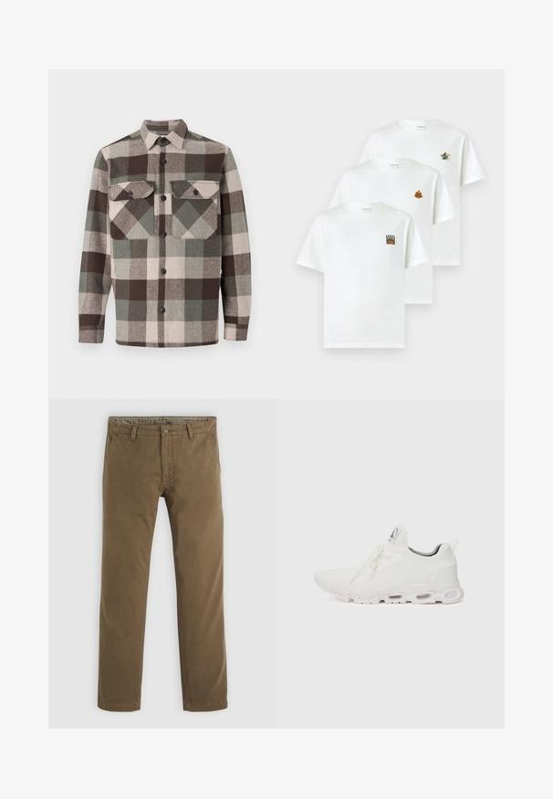 Ruuduline särk pruuni, rohelise ja beeži tooni. Omab kraed, kahte rinna taskut ja nuppe ees. Tekstureeritud kude.; Kolm valget puuvillast t-särki ümmarguste kaelustega. Igal on erinevad tikandid: lill, päikesepaiste ja jalgratas.; Khaki puuvillased püksid sirge säärega disainiga, millel on nupuga sulgemine, kaks esi-taskut ja sile tekstuur.; Valged sportijalatsid, millel on tekstuuriga kudum peal, lame paelad ja pehmendatud tallad nähtavate õhukambritega täiendava toe jaoks.