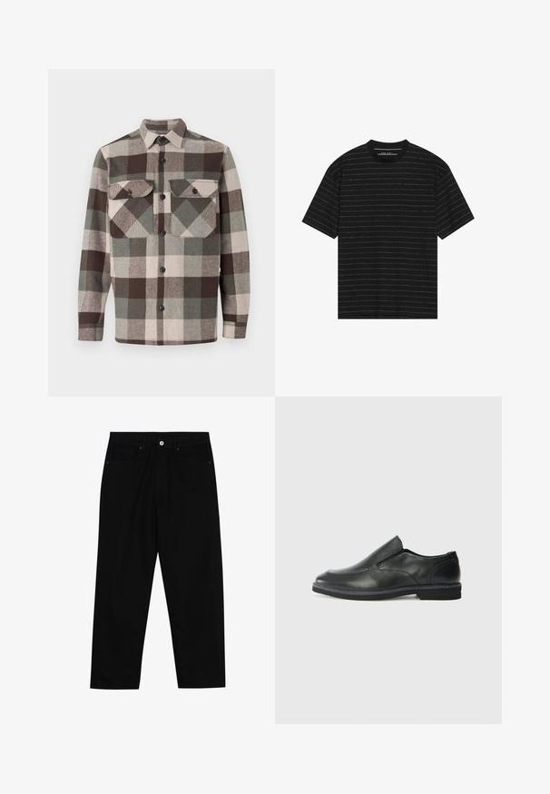 Raibais krekls brūnos, zaļos un bežos toņos. Aprīkots ar apkakli, divām krūšu kabatām un pogu aizdari gar priekšpusi. Ar teksturētu audumu.; Melnā īso piedurkņu T-kreklā ir plānas baltas horizontālas svītras. Izgatavots no mīkstas auduma, ar apaļu kakla izgriezumu un brīvu piegriezumu.; Melni džinsi ar taisnu kāju griezumu, piecu kabatu dizainu un priekšēju pogu aizdari. Gluda tekstūra ar minimālu šuvju detaļu skaitu.; Melnas ādas slip-on kurpes ar gludu augšdaļu, izšūtām akcentiem, noapaļotu purngala daļu un zemu gumijas papēdi. Zole ar minimālu rakstu.