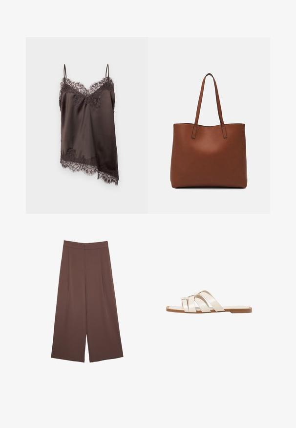 Caraco en satin brun avec bretelles spaghetti ajustables et bordure en dentelle. Présente des détails en dentelle raffinée au niveau de l'encolure et de l'ourlet.; Pantalons larges marron avec une texture lisse, dotés d'une taille haute et de plis à l'avant. Le tissu est léger et tombe de manière fluide.; Sandales plates avec une semelle en caoutchouc beige, conçues avec trois brides en cuir blanc se chevauchant et un petit nœud au centre.; Sac fourre-tout en cuir marron avec une texture lisse, design à ouverture supérieure et deux poignées pour le porter à l'épaule. Présente des coutures minimales et aucun matériel visible.