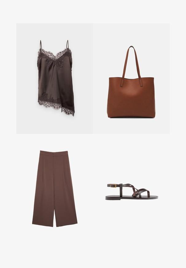 Brun satinlinne med justerbara spaghettiband och spetskant. Har intrikat spetsdetaljering vid halsringningen och fållen.; Bruna vida byxor med en slät textur, som har hög midja och framfickor. Tyget är lätt och flödar löst.; Bruna lädersandaler med korsade remmar, spänne runt vristen och en platt sula med minimala sömnadsdetaljer.; Brun läder tote-väska med en slät textur, öppen toppdesign och två axelremmar. Har minimal söm och ingen synlig metalldetalj.