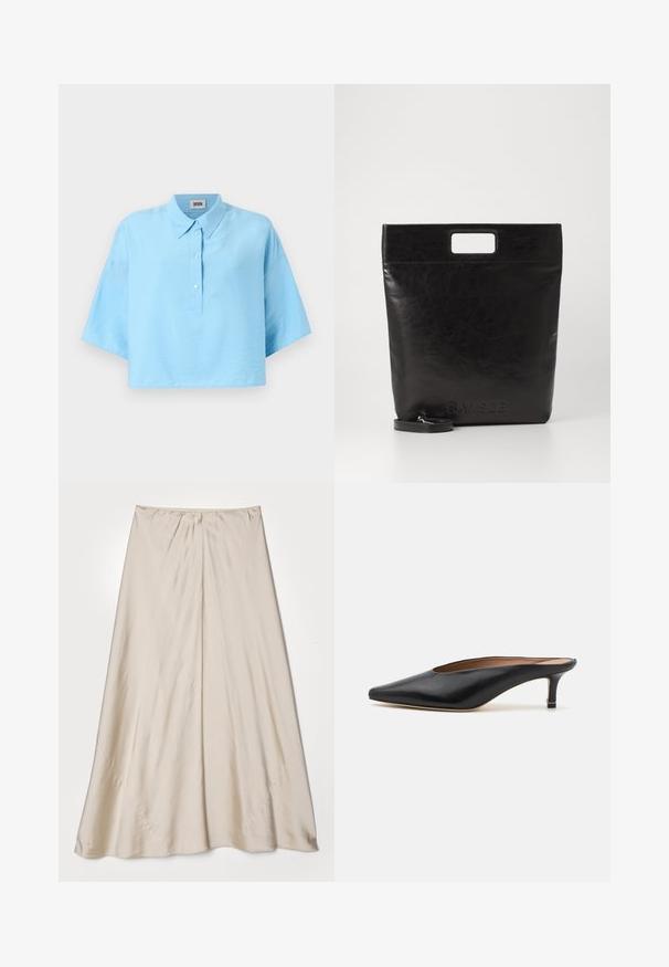 Chemise courte bleu clair avec un col, fermeture à boutons sur le devant et manches courtes. Fabriquée dans un tissu lisse et léger.; Jupe en satin beige avec une silhouette évasée. Présente une taille froncée et un éclat subtil, avec des coutures angulaires et une drapé fluide.; Mules en cuir noir avec un bout pointu et un petit talon carré. Texture lisse avec un design épuré. Dos ouvert avec un minimum de détails.; Sac fourre-tout en cuir noir avec une poignée carrée, arborant une finition texturée et un logo en relief. Comprend une bandoulière amovible.