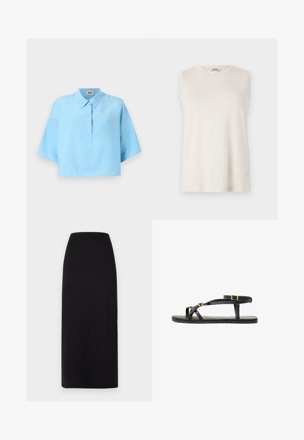 Camisa corta de color azul claro con cuello tipo polo, cierre frontal de botones y mangas cortas. Fabricada con una tela suave y ligera.; Top sin mangas de tejido beige claro, con cuello redondo y un corte relajado. Textura suave sin adornos ni patrones.; Falda negra hasta el tobillo con una cinturilla ajustada. Fabricada en una suave tela elástica, presenta una textura lisa y sin adornos visibles.; Sandalias de cuero negro con tiras delgadas y una correa de tobillo con hebilla. Suela plana con un acabado texturizado y borde en zigzag. Diseño minimalista.