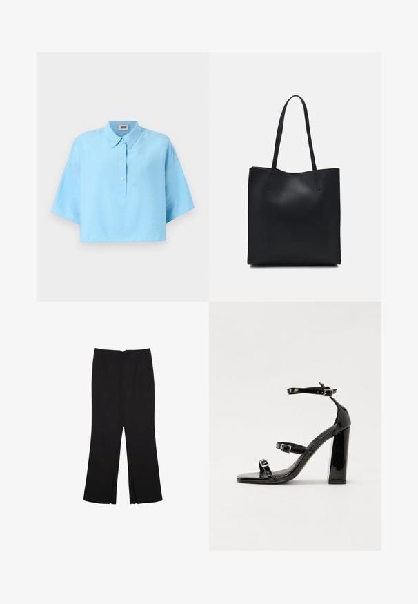 Helles blaues, gekürztes Hemd mit einem Kragen, Knopfverschluss vorne und kurzen Ärmeln. Hergestellt aus einem glatten, leichten Stoff.; Schwarze Hose mit geradem Schnitt, ausgestattet mit Fronttaschen und Seitenschlitzen am Saum. Hergestellt aus weichem, glattem Stoff. Geeignet für verschiedene Anlässe.; Schwarze patentierte Sandalen mit Absatz, quadratischer Spitze, Knöchelriemen und silbernen Schnallen. Mit einem stabilen Blockabsatz für mehr Stabilität.; Schwarze Laptoptasche aus Leder mit glatter Textur, rechteckiger Form und zwei langen Griffen. Keine sichtbaren Beschläge oder Verzierungen.