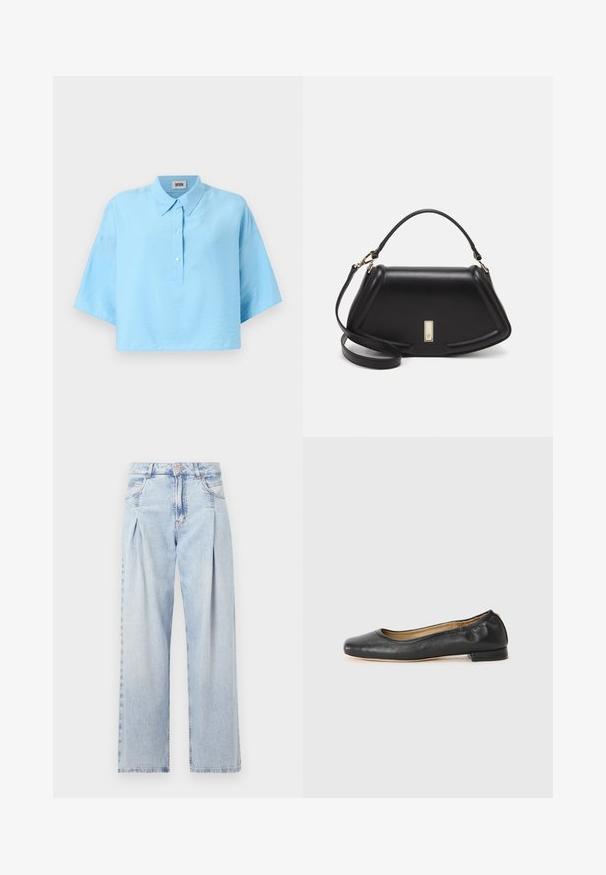 Helles blaues, gekürztes Hemd mit einem Kragen, Knopfverschluss vorne und kurzen Ärmeln. Hergestellt aus einem glatten, leichten Stoff.; Helle blaue Denim-Jeans mit hoher Taille, weitem Beinschnitt, zwei seitlichen Taschen und gefaltetem Design. Weiche Textur mit einem ausgebleichten Finish.; Schwarz Leder Ballerinas mit runder Zehenpartie und minimaler Naht. Niedriger, rechteckiger Absatz und glatte Textur. Dezente Innenfutterdetails.; Schwarze Lederhandtasche mit einem strukturierten Design, das eine verkürzte Form, einen oberen Griff und goldfarbene Hardware-Details aufweist. Verstellbarer Schulterriemen ist enthalten.