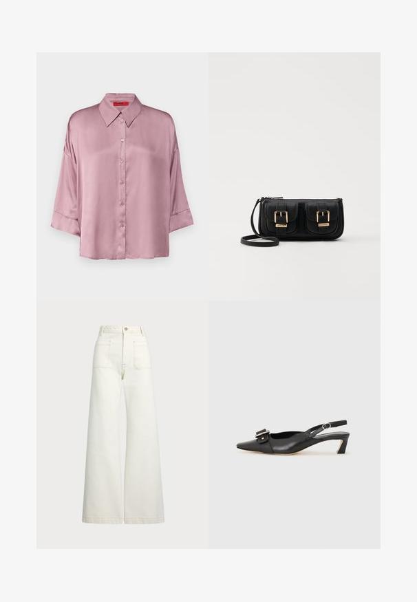 MAX&Co. BEMBO - Camicia - mottled pink; Jeans a gamba larga in denim bianco sporco. Design a vita alta con chiusura a bottone, due tasche frontali e dettagli di cucitura a contrasto.; Scarpa slingback in pelle nera con punta affusolata, tacco basso e dettaglio decorativo a fibbia sulla parte superiore. Texture liscia, design minimalista.; Borsa a tracolla nera in pelle con due tasche frontali, fibbie dorate, chiusura con zip e una tracolla sottile. Superficie texturizzata e forma rettangolare compatta.