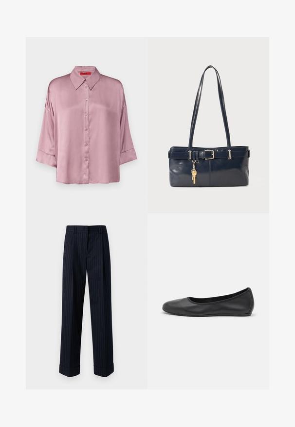 MAX&Co. BEMBO - Pogājama blūze - mottled pink; Jūras zila platās kājas bikses ar zelta svītrām, izgatavotas no gludas auduma, ar iegrieztiem malu galotnēm un priekšējām kabatām.; Melna ādas baleta kurpe ar noapaļotu purngalu, gludu tekstūru, minimālu šuvju detalizāciju un elastīgu zoles dizainu.; Jūras spēku stila ādas rokassoma ar divām garām rokturiem, ar sprādzi un pievienotu atslēgu piekariņu. Iezīmējas ar gludu tekstūru un taisnstūra formas.