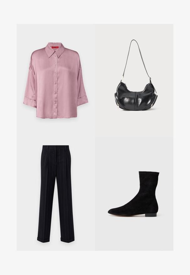 MAX&Co. BEMBO - Button-down blouse - mottled pink; Black pinstriped trousers with a tailored fit, featuring a cuffed hem and front pleats. Made of smooth fabric with a structured design.; Black suede ankle boot with a fitted shaft, pointed toe, and a low block heel. Smooth texture and minimalistic design, suitable for versatile styling.; Black leather crescent-shaped shoulder bag with silver zippers on both sides and a single strap.