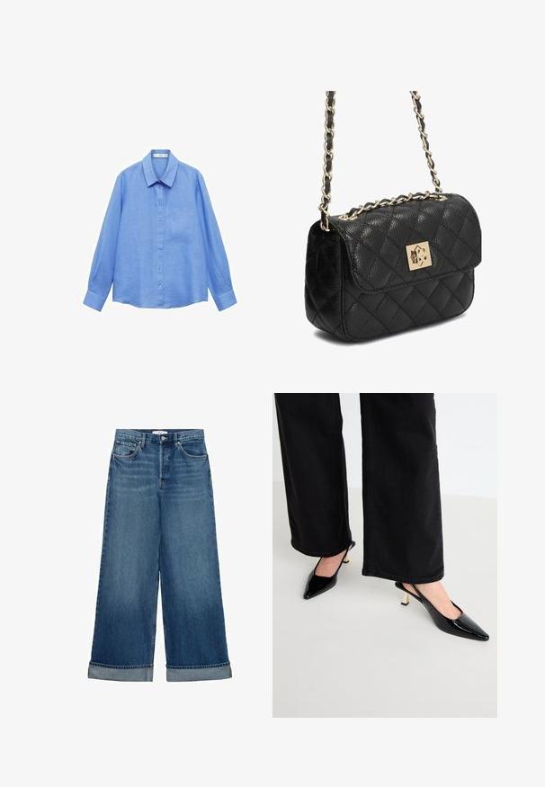 Hellblaues, langärmliges Leinenhemd mit Kragen, Frontknöpfen und einer Brusttasche auf der linken Seite; es zeichnet sich durch ein sauberes, minimalistisches Design aus.; Dunkelblaue weit geschnittene Jeans mit hoher Taille, fünf Taschen, Knopf- und Reißverschluss sowie umgeschlagenen Säumen. Klassische Denim-Textur.; Simmi London JUNE - Pumps - black; Gepolstertes schwarzes Lederhandtasche mit goldener Kettenriemen und einem goldenen Verschluss aus Hardware, der ein geometrisches Design auf der Vorderseite aufweist.; Halskette aus Gold mit ineinander verbundenen ovalen Gliedern, einer strukturierten Oberfläche und einem Verschluss mit einem kleinen runden Akzent sowie einer Verlängerungskette.