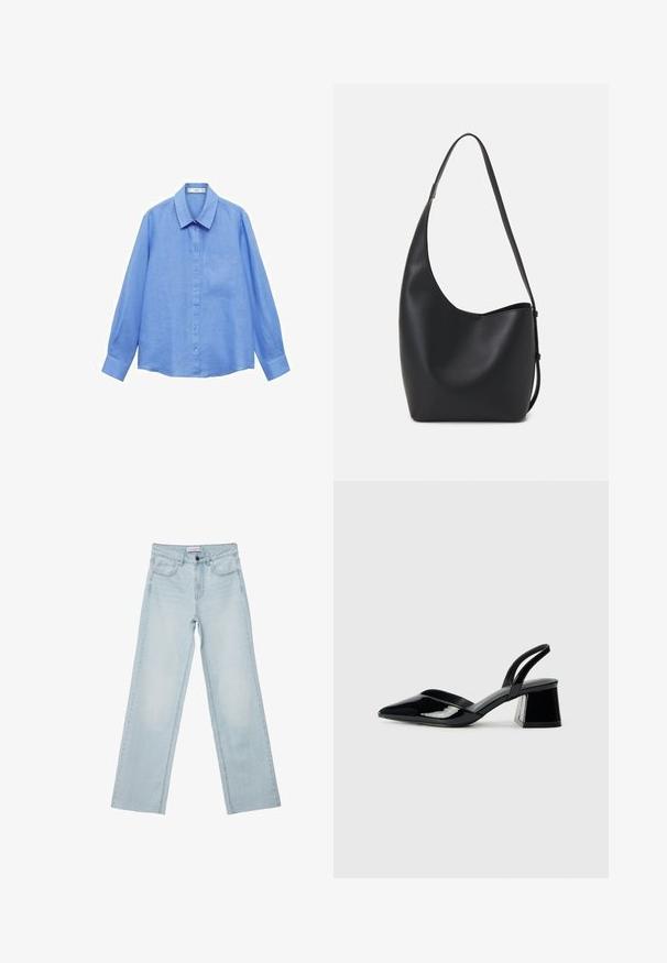 Svetlofialová ľahká ľanová košeľa s dlhým rukávom, s golierom, prednými gombíkmi a vreckom na ľavej strane hrudníka; má čistý, minimalistický dizajn.; Svetlomodré široké džíny vyrobené z denimu. Majú päť vreciek, gombíkový zips a vyblednuté detaily. Klasický rovný strih s voľným strihom.; Čierne lakované kožené sandálové podpätky s špicatou špičkou a geometrickým blokovým podpätkom. Disponujú elegantným, minimalistickým dizajnom a hladkým povrchom.; Čierna kožená hobo taška so hladkou textúrou, zakriveným tvarom a jedným nastaviteľným popruhom; má široké otvorenie na vrchu.