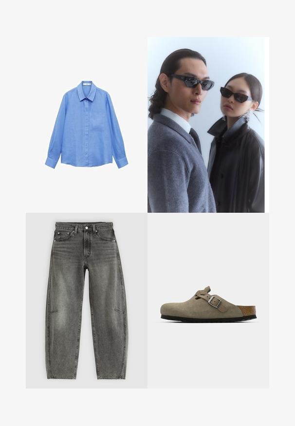 Svijetloplava dugosavna lanena košulja s ovratnikom, prednjim gumbima i lijevim džepom na prsima; ima čist, minimalistički dizajn.; Traperice s visokim strukom u svijetlosivo pranje, s pet džepova, zatvaranjem na dugme i opuštenim ravnim krojem.; Svetlosmeđe suede klompe s oblikovanim plitkim i gumenim đonom. Imaju bočnu traku s metalnom kopčom i zaobljenim prstima.; Naočale s anguliranim crnim okvirom na modelu u sivoj dukserici, koja prikazuje teksturirano pletenje, i crna kožna jakna koju nosi drugi model.