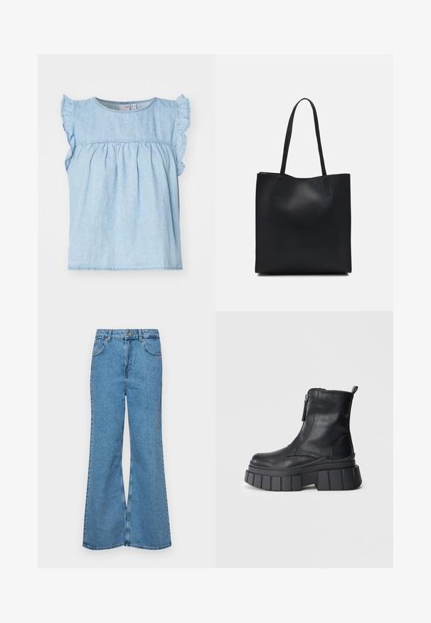 Svetlo modra denim majica z letečimi rokavi, nabrano oblikovanjem telesa, okroglo ovratnico in sproščenim krojem. Šivi ob trup.; Svetlo modri razširjeni džins hlače iz denima, z visokim pasom, petimi žepi in enim gumbom za zapiranje. Mehka tekstura z blagim zbledelim videzom.; Črne usnjene gležnarske čevlje z masivnim rebrastim podplatom in stranskim zadrgo, prikazane na nevtralni sivi podlagi.; Črna usnjena torba s svilnato teksturo, pravokotne oblike in dvema dolgima ročajema. Brez vidnih metalnih delov ali okrasnih elementov.