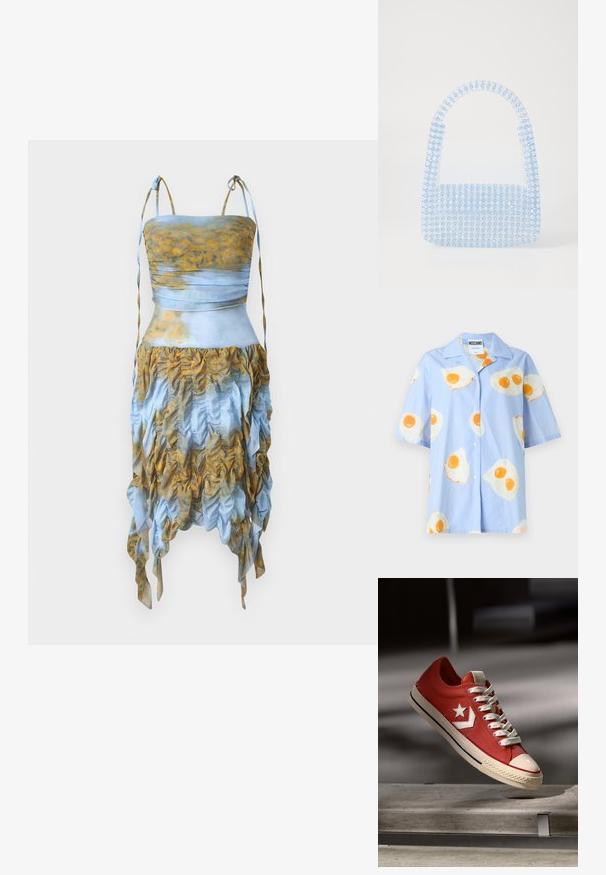 Himmelblaues Kurzarmhemd mit Knopfleiste, das ein wiederholtes Muster von Spiegeleiern in Weiß und Gelb zeigt. 95% Baumwolle, 5% Elasthan.; AVAVAV SMOCK DRESS - Cocktailkleid/festliches Kleid - blue/yellow; Rote Canvas-Sneaker mit weißem Stern-Logo, cremefarbenem Gummizehenschutz und strukturierten Schnürsenkeln. Verfügt über blaue Akzente an der Sohle und ein low-top Design.; Blau transparente Handtasche aus miteinander verbundenen Perlen, mit einer strukturierten Form und einem kurzen Griff, glatter Textur und glänzender Oberfläche.