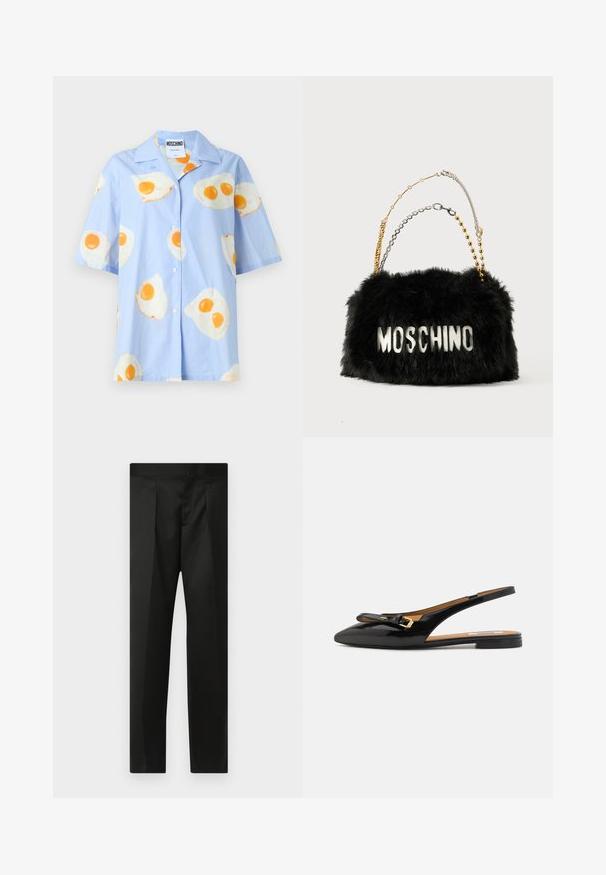 Světle modrá košile s krátkým rukávem a knoflíkovým zapínáním, s opakujícím se vzorem smažených vajec v bílé a žluté barvě. 95 % bavlna, 5 % elastan.; Černé kalhoty s hladkým materiálem, přizpůsobeným střihem, rovnými nohavicemi a plochým pasem bez viditelných zapínání či kapes.; Černá lakovaná slingback plochá obuv s špičatou špičkou, jemným mašlovým akcentem a zlatým kováním na pásku.; Černá kabelka z umělé kožešiny s zlatými a stříbrnými řetězovými popruhy. Na přední straně je bílé logo "MOSCHINO". Měkká textura a obdélníkový tvar.