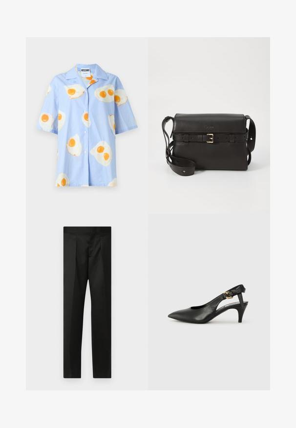Light blue short-sleeve shirt with a button front, featuring a repeated fried egg pattern in white and yellow. 95% cotton, 5% elastane.; Black trousers featuring a smooth fabric, tailored design, straight legs, and a flat waistband with no visible closures or pockets.; Black leather slingback pump with a pointed toe, small heel, and a buckle detail on the ankle strap. Smooth texture, minimalist design.; Black leather handbag with a structured shape. Features a gold buckle accent, adjustable strap, and smooth texture. Minimalist design.