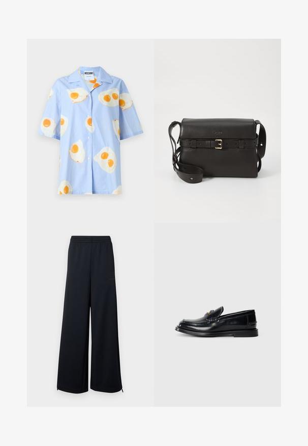 Camicia azzurro chiaro a maniche corte con bottoni sul davanti, caratterizzata da un motivo ripetuto di uova fritte bianche e gialle. 95% cotone, 5% elastan.; Pantaloni neri a gamba larga in rete con vita elasticizzata e piccoli dettagli con zip all'orlo, presentati su uno sfondo bianco.; Mocassino in pelle nera con un design cucito, una piccola linguetta anteriore e una suola in gomma piatta. Texture liscia con dettagli in metallo dorato.; Borsa a tracolla nera in pelle con forma strutturata. Presenta un'accessorio con fibbia dorata, tracolla regolabile e una superficie liscia. Design minimalista.