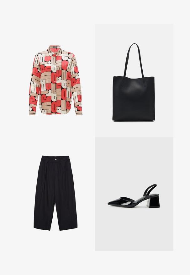 Hemd mit Knopfleiste und geometrischem Muster in Rot, cremig und Schwarz. Aus glattem Stoff gefertigt, mit Kragen und langen Ärmeln.; Schwarze Polyester-Culotte mit einem elastischen Bund, zwei vorderen Falten und einer lockeren Silhouette. Keine sichtbaren Muster oder Hardware-Details.; Schwarze Lackleder-Slingback-High Heels mit spitzem Schuh und einem geometrischen Blockabsatz. Verfügt über ein schlankes, minimalistisches Design und eine glatte Textur.; Schwarze Laptoptasche aus Leder mit glatter Textur, rechteckiger Form und zwei langen Griffen. Keine sichtbaren Beschläge oder Verzierungen.