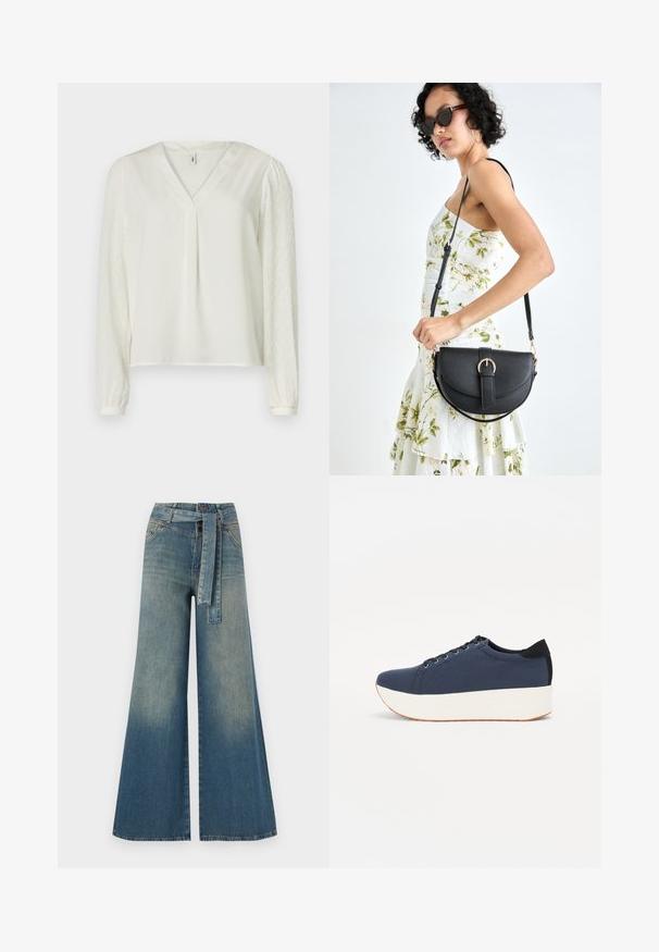 Top blanco con escote en V, que presenta una parte frontal de tela suave y mangas largas sheer con patrón texturizado. Puños elásticos en los extremos de las mangas.; Pantalones de mezclilla de pierna ancha con un degradado de azul claro a oscuro, cintura alta, trabillas para cinturón y un cinturón de tela a juego. Acabado de mezclilla texturizada.; Zapatilla de color azul marino con parte superior de tejido texturizado, suela de plataforma blanca, punta redondeada y acento en el talón negro. Cuenta con seis ojales para los cordones.; Bolso de piel negra con forma curva, correa desmontable y herrajes dorados. El bolso cuenta con una solapa con un detalle de hebilla.