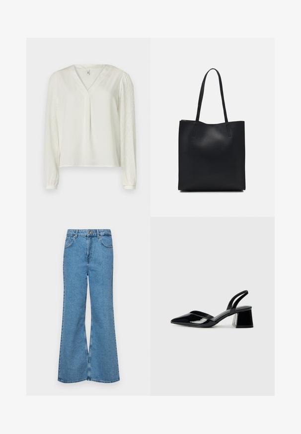 Valge V-kaelusega topp, millel on siledast kangast eesmine osa ja tekstuuriga mustriga läbipaistvad pikad varrukad. Varruka lõpus elastsed mansetid.; Heledad sinine flared teksade rõivad, millel on kõrge talje, viis taskut ja üks nupulukk. Pehme tekstuur ja pleekinud viimistlus.; Mustad musta lakknahk kingad, millel on terav varvas ja geomeetriline plokkkonts. Omab elegantselt minimalistlikku disaini ja sujuvat tekstuuri.; Mustast nahast kott sujuva tekstuuriga, ristkülikukujuline ja kahe pika sangaga. Pole nähtavat riistvara ega kaunistusi.