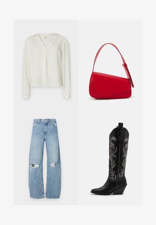 White top with a V-neck, featuring smooth front fabric and textured patterned sheer long sleeves. Elastic cuffs at sleeve ends.; Light blue, high-waisted jeans made of denim. Feature wide legs, two torn knee areas, and classic five-pocket styling.; Black leather cowboy boots with pointed toes, wedge heels, and silver embroidered floral patterns along the shaft. Contrast stitching throughout.; Red leather handbag with an angular, geometric design. Features a single adjustable strap and a flap closure with stitched detailing.
