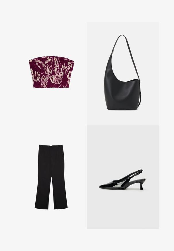 Marks & Spencer SHIRRED BANDEAU - Blouse - purple mix; Black trousers with a straight fit, featuring front pockets and side slits at the hem. Made of soft, smooth fabric. Suitable for various occasions.; Black patent leather slingback shoes with a pointed toe and low block heel. Adjustable buckle strap at the ankle.; Black leather hobo bag with a smooth texture, curved shape, and single adjustable strap; features a wide opening at the top.