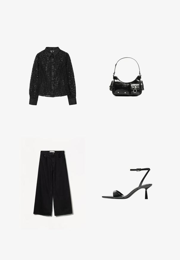 Blusa nera a maniche lunghe in pizzo con colletto in satin, patta di bottoni e polsini, caratterizzata da un motivo floreale e un tessuto semi-trasparente.; Bershka WIDE-LEG - Wide Leg - black; Bershka Sandali con tacco - black; Borsa a spalla in vernice nera con forma curvata, una tracolla, tasche frontali e dettagli in metallo argentato.