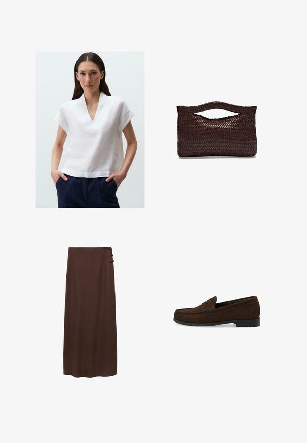 Weißes Leinenoberteil mit V-Ausschnitt und kurzen Ärmeln. Der Stoff hat eine strukturierte Oberfläche und wird mit dunkelblauen Hosen kombiniert.; Brauner, bodenlanger Rock aus weichem Material. Verfügt über drei dekorative Knöpfe an der Seite in Taillenhöhe. Einfaches, unauffälliges Design.; Braune Wildleder-Läufer mit einem genähten Mokassin-Zehen, flacher schwarzer Gummisohle und einem dekorativen Oberriemen sowie Detail.; Braune geflochtene Lederhandtasche mit einem abgerundeten Obergriff und einer offenen Silhouette, die eine strukturierte Oberfläche und ein schlankes, minimalistisches Design aufweist.