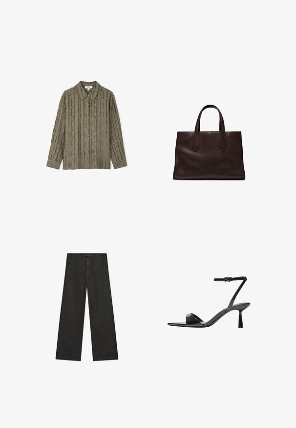 Olive green button-up shirt with a textured, ribbed design. Long sleeves with buttoned cuffs and a classic collar.; Wide-leg black denim pants featuring a mid-rise waist, two front pockets, and a clean, minimalist design with no visible embellishments.; Bershka High heeled sandals - black; Brown leather tote bag with two elongated handles, structured rectangular shape, smooth texture, and subtle stitching details.
