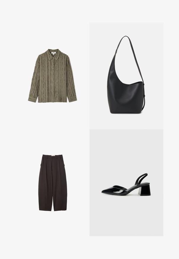 Camicia verde oliva con bottoni, caratterizzata da un design testurizzato e rigato. Maniche lunghe con polsini abbottonati e colletto classico.; Pantaloni neri a gamba larga realizzati in un tessuto morbido, con vita alta, pieghe frontali e tasche laterali. Design semplice senza decorazioni.; Décolleté in vernice nera con punta affusolata e tacco in geometria cubica. Presentano un design elegante e minimalista, con una texture liscia.; Borsa hobo nera in pelle con una superficie liscia, forma curvata e una singola tracolla regolabile; presenta un'ampia apertura nella parte superiore.