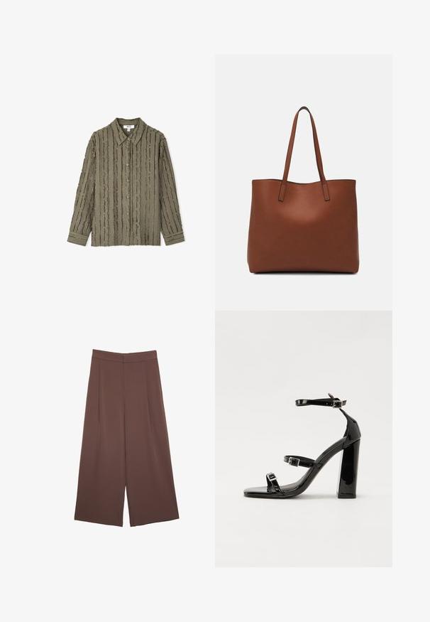 Olivgrünes, knöpfbares Hemd mit strukturiertem, geripptem Design. Lange Ärmel mit geknöpften Manschetten und klassischem Kragen.; Braune Weite-Leg-Hosen mit einer glatten Textur, hoher Taille und Vorderfalten. Der Stoff ist leicht und fällt locker.; Schwarze patentierte Sandalen mit Absatz, quadratischer Spitze, Knöchelriemen und silbernen Schnallen. Mit einem stabilen Blockabsatz für mehr Stabilität.; Braune Leder-Tote mit glatter Textur, offenem Oberteil und zwei Schulterriemen. Verfügt über minimale Nähte und keine sichtbaren Beschläge.