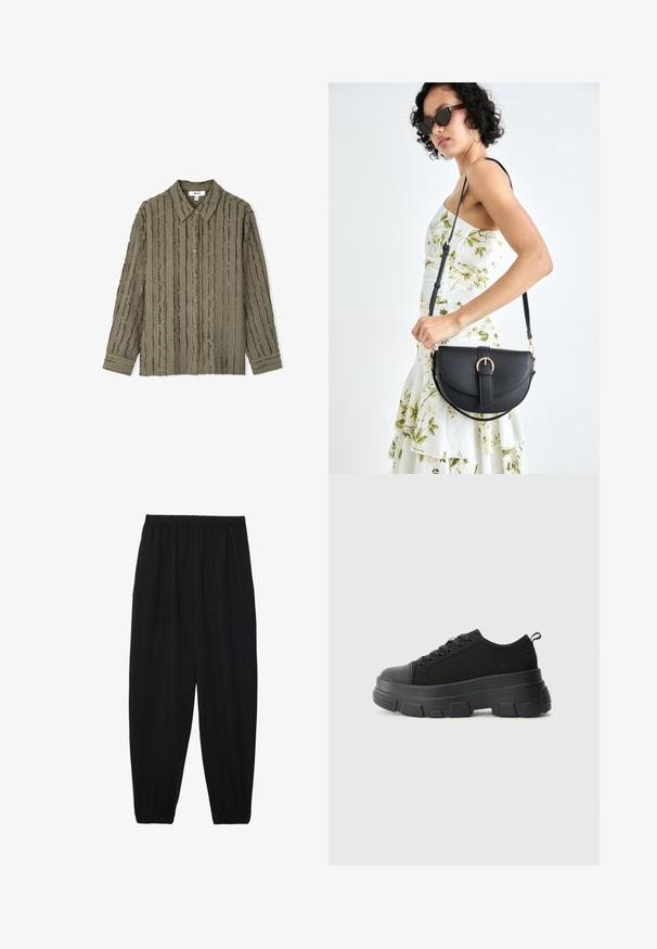 Oliwkowa, zapinana na guziki koszula z teksturowanym, prążkowanym wzorem. Długie rękawy z zapinanymi mankietami i klasycznym kołnierzykiem.; Czarne, lekkie spodnie z elastycznym pasem i ściągaczami na kostkach. Materiał jest gładki i ma luźny, zwężany krój.; Czarne sneakersy z masywną gumową podeszwą, teksturowaną górną częścią, okrągłym noskiem i sznurowanym zapięciem. Posiadają wzmocnione oczka i pętelkę z tyłu.; Czarna skórzana torebka o zakrzywionym kształcie, z odpinanym paskiem i złotymi akcentami. Torebka posiada klapę z zapięciem w kształcie klamry.