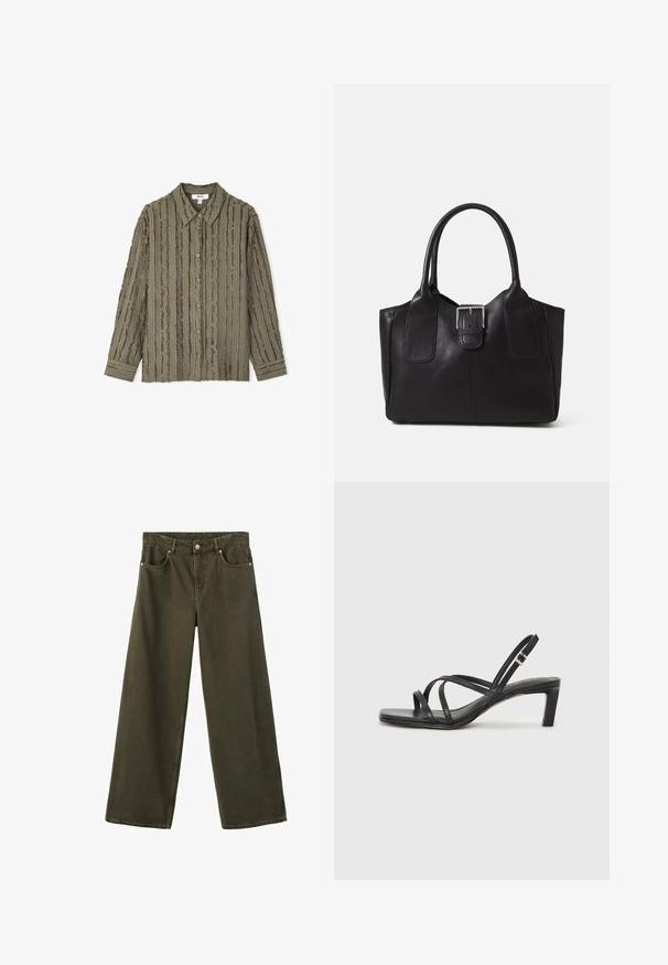 Olijfgroen knoopshirt met een gestructureerd, geribbeld ontwerp. Lange mouwen met knoopmanchetten en een klassieke kraag.; Olijfgroene wijdvallende jeans gemaakt van duurzaam denim met vijf zakken, zilveren hardware en zichtbare stiksels langs de naden.; Zwarte sandaal met bandjes, vierkante teen en een lage blokhak. Voorzien van meerdere dunne bandjes en een verstelbare enkelband. Gemaakt van zacht leer.; Zwarte leren tote bag met een gladde textuur, gestructureerde vorm, twee handvatten en een opvallend zilveren sluitingdetail aan de voorkant.